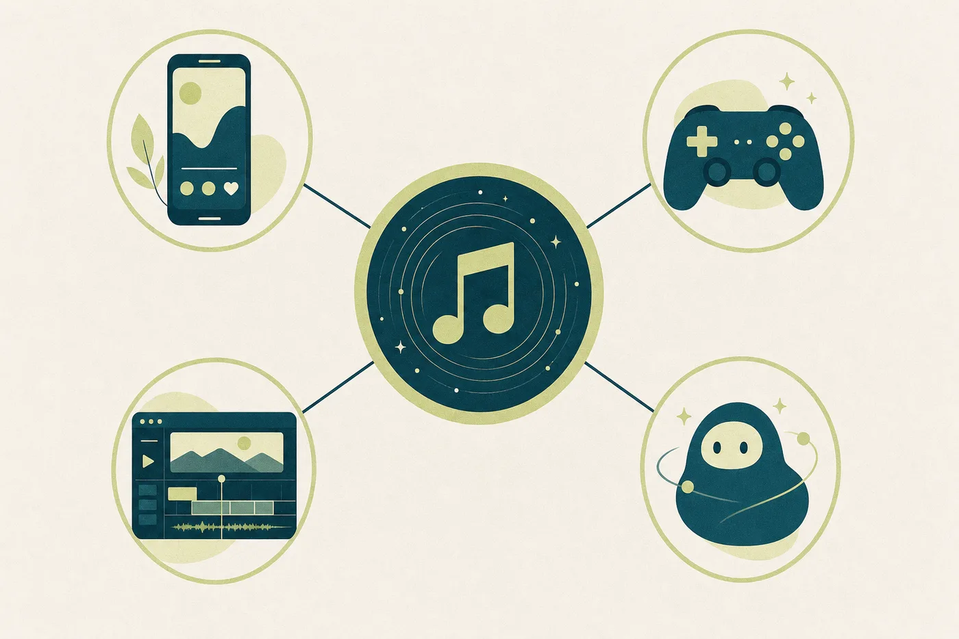 A licensed music API at the centre, connected to apps, games, video tools and AI agents
